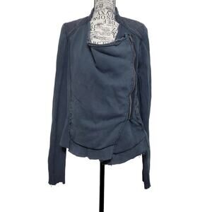 Free People Blue Lightweight Jacket Diagonal Zipper Raw Edges Hem Size Medium